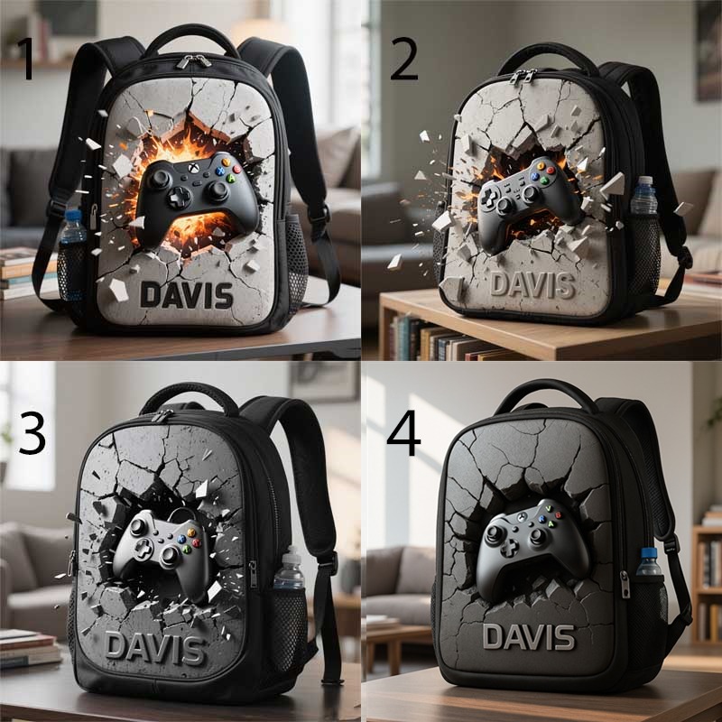 Personalized Game Controller Cracked Theme Backpack Custom Name for Kids Geek Game Lovers Birthday Black to School Christmas Gift