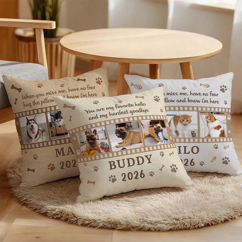 Personalized 3 Pet Photos Paw Bone Print Soft Throw Pillow Cover with Name and Year Home Decoration Memorial Gift for Pet Loss