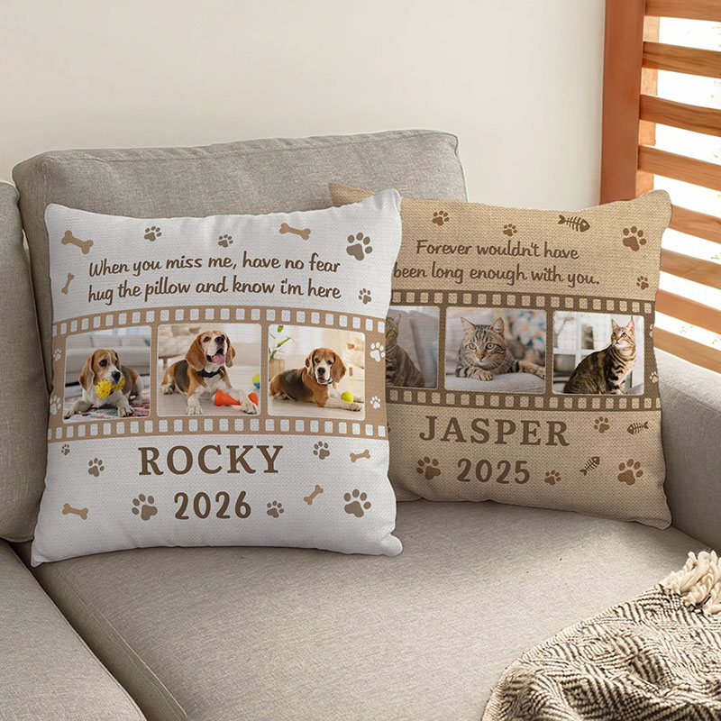 Personalized 3 Pet Photos Paw Bone Print Soft Throw Pillow Cover with Name and Year Home Decoration Memorial Gift for Pet Loss