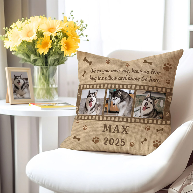 Personalized 3 Pet Photos Paw Bone Print Soft Throw Pillow Cover with Name and Year Home Decoration Memorial Gift for Pet Loss