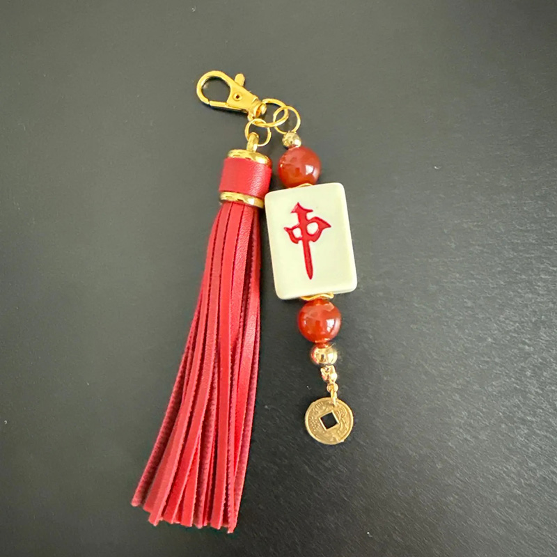 Personalized Handmade Mahjong Tile Bag Charm with Tassel Mixed Beads Gift for Mahjong Lovers
