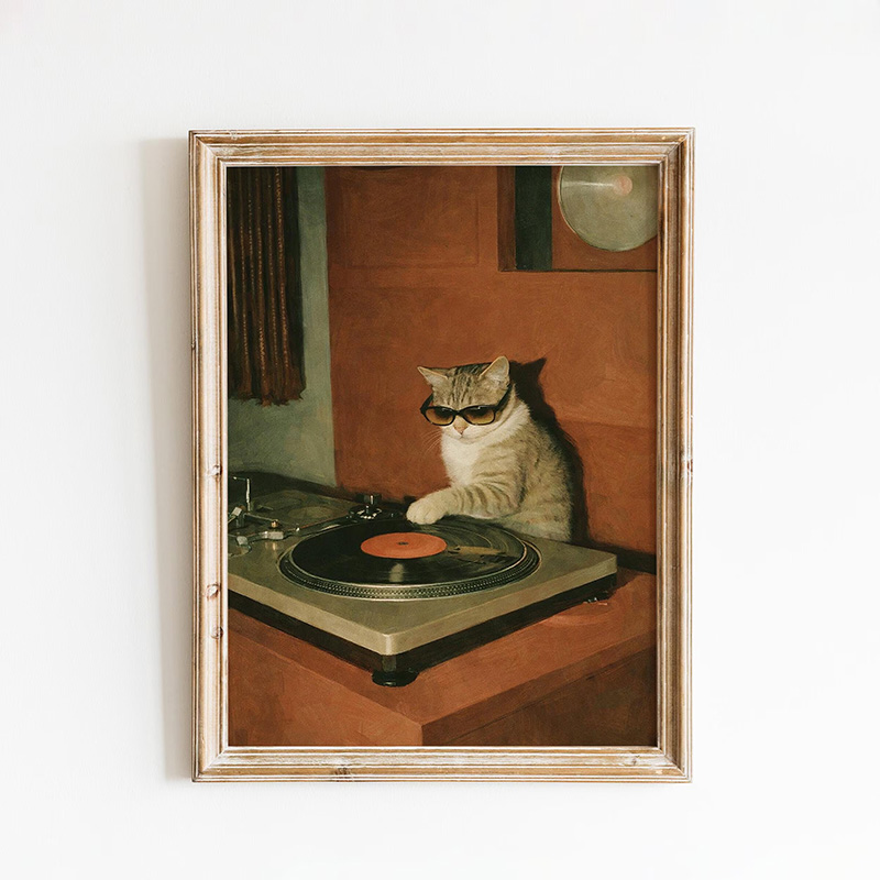 Personalized DJ Cat Vinyl Poster Retro Turntable Music Wall Art