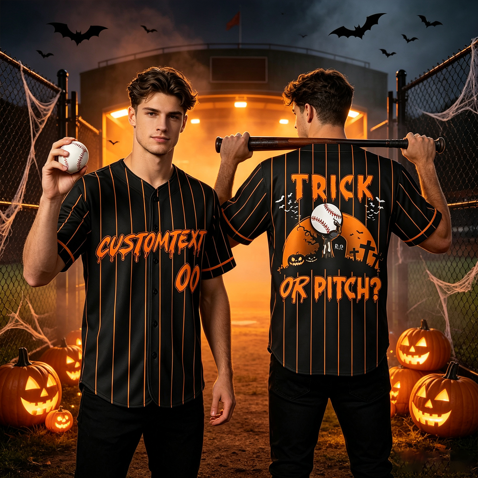 Personalized "Trick or Pitch" Themed Baseball Jersey for Halloween with Custom Name and Number