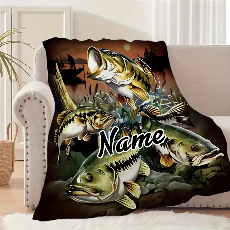 Personalized Fishing Blanket Bass Fish Design Custom Name Soft and Cozy Gift for Fishing Enthusiasts and Outdoor Lovers