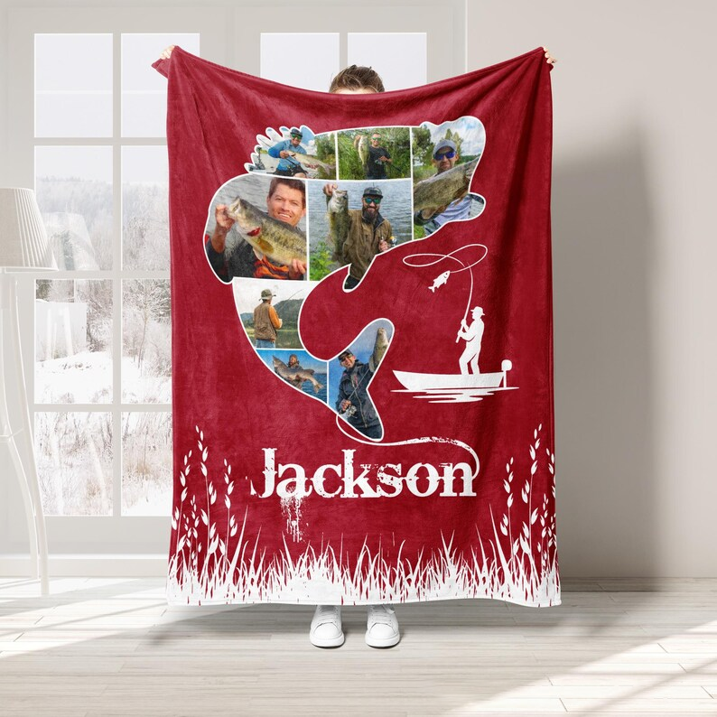 Personalized Fishing Photo Blanket Custom Name Soft Throw with Fish Shape Collage Perfect Gift for Fishing Lovers and Outdoor Enthusiasts