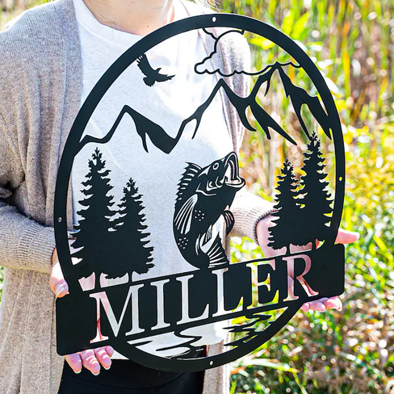 Personalized Metal Fishing Sign Outdoor Bass Fishing Sign Rustic Outdoor Decor Lake and Fish Design Custom Name Perfect for Cabin Camp or Fishing Enthusiasts