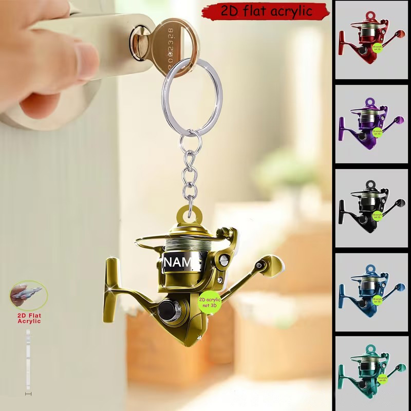 Personalized Fishing Reel Keychain 2D Acrylic Design Multiple Colors Custom Name Unique Gift for Fishing Lovers
