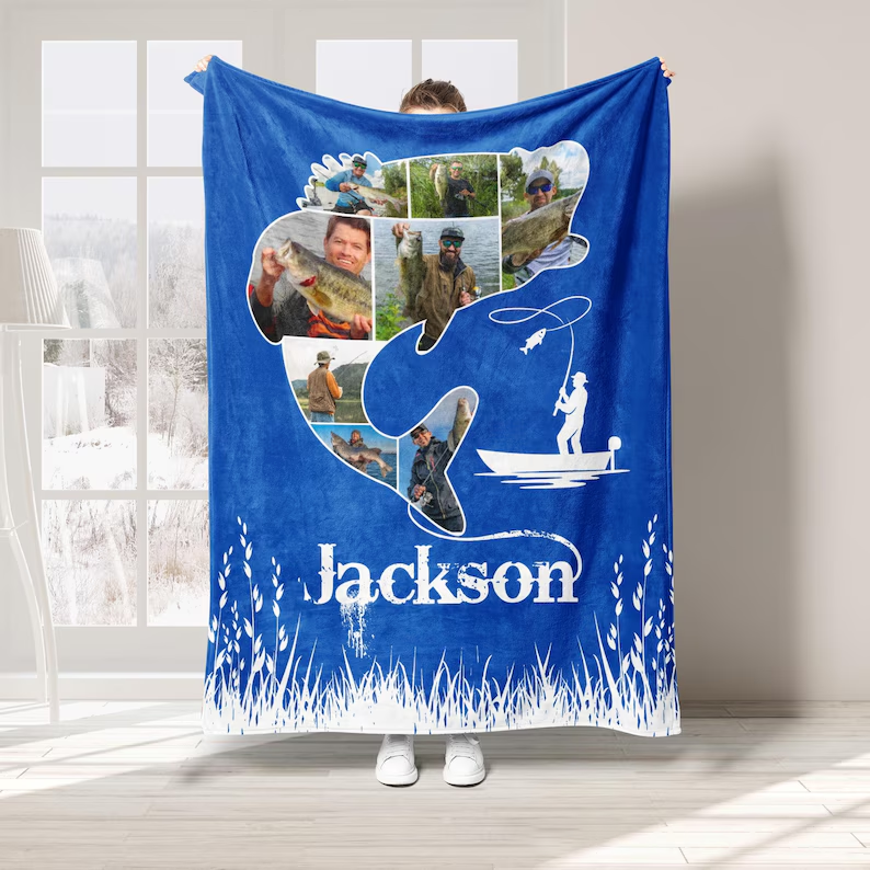 Personalized Fishing Photo Blanket Custom Name Soft Throw with Fish Shape Collage Perfect Gift for Fishing Lovers and Outdoor Enthusiasts