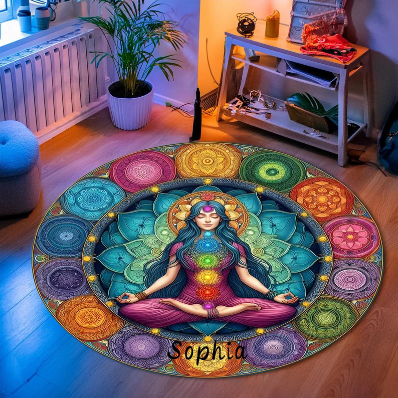 Personalized Yoga Mandala Rug Chakra Meditation Design Custom Name Soft and Vibrant Floor Mat for Yoga Meditation or Home Decor