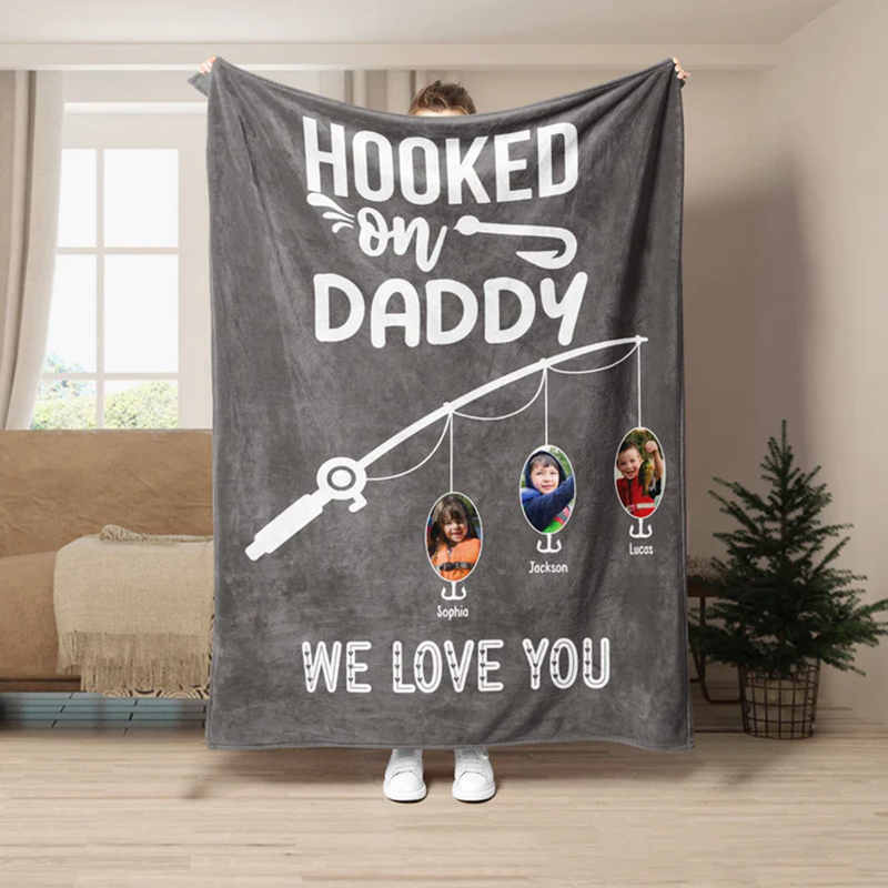 Personalized Fishing Blanket Funny Fishing Blanket for Dad Hooked on Daddy Design Add Kids Photos And Names Soft Gift for Fishing Enthusiast Fathers