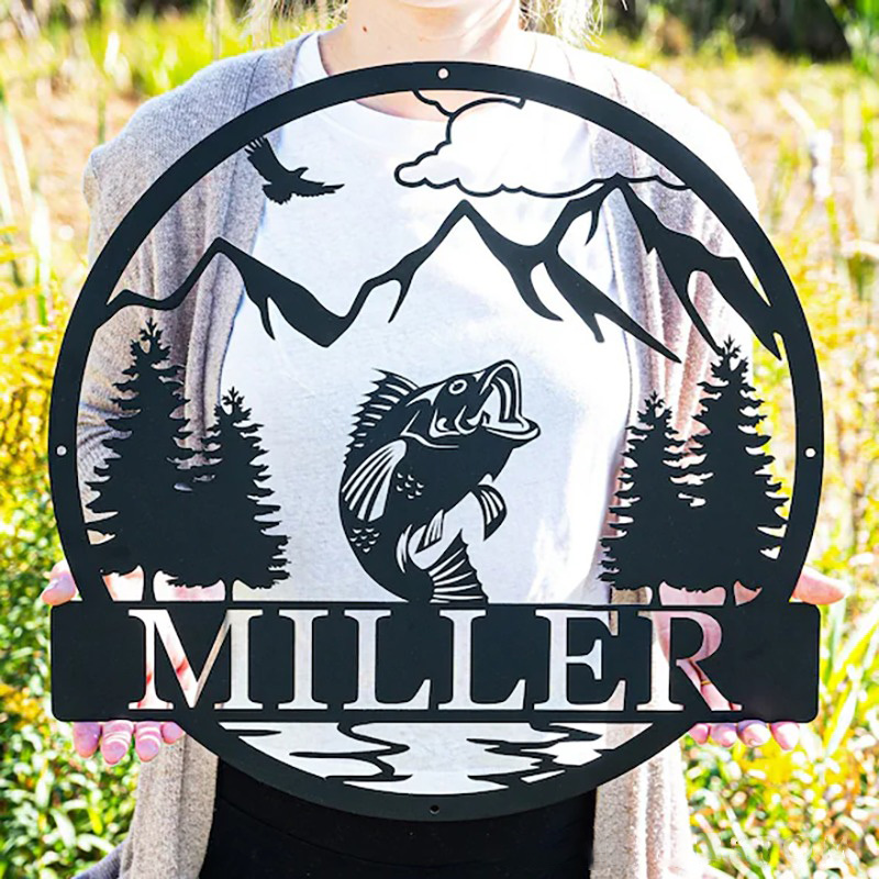 Personalized Metal Fishing Sign Outdoor Bass Fishing Sign Rustic Outdoor Decor Lake and Fish Design Custom Name Perfect for Cabin Camp or Fishing Enthusiasts