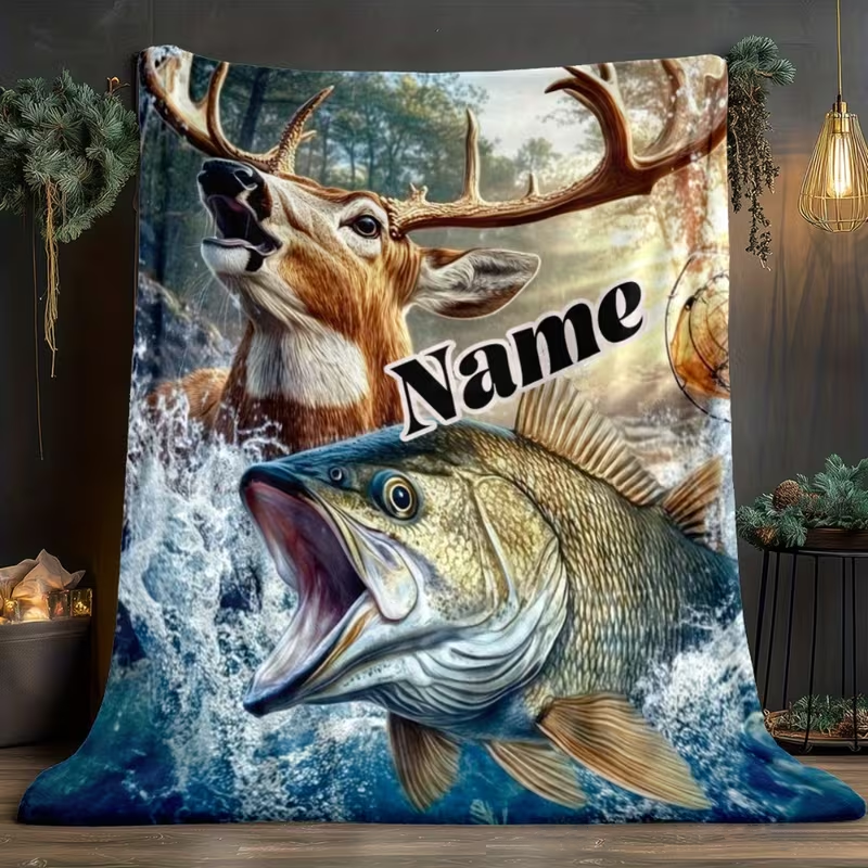 Personalized Fishing and Hunting Blanket Deer and Fish Design Custom Name Soft Gift for Outdoor and Fishing Enthusiasts