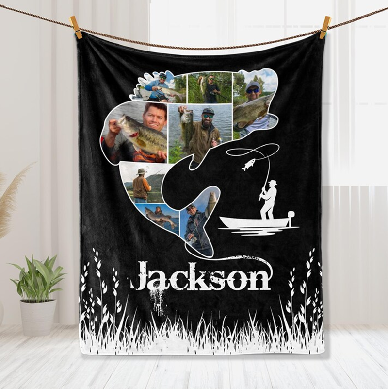 Personalized Fishing Photo Blanket Custom Name Soft Throw with Fish Shape Collage Perfect Gift for Fishing Lovers and Outdoor Enthusiasts