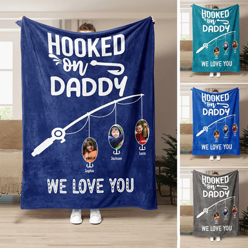 Personalized Fishing Blanket Funny Fishing Blanket for Dad Hooked on Daddy Design Add Kids Photos And Names Soft Gift for Fishing Enthusiast Fathers
