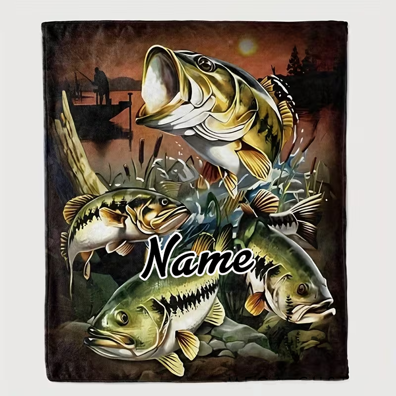 Personalized Fishing Blanket Bass Fish Design Custom Name Soft and Cozy Gift for Fishing Enthusiasts and Outdoor Lovers