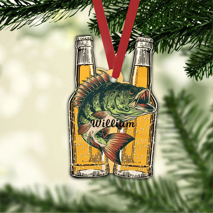 Personalized Fishing Ornament Beer Bottle and Fish Design Custom Name Unique Christmas Decoration for Fishing Enthusiasts Holiday Gift Idea