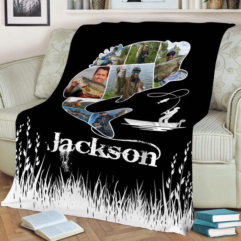 Personalized Fishing Photo Blanket Custom Name Soft Throw with Fish Shape Collage Perfect Gift for Fishing Lovers and Outdoor Enthusiasts