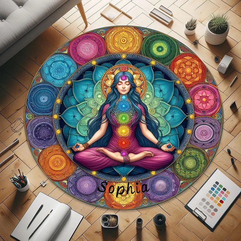 Personalized Yoga Mandala Rug Chakra Meditation Design Custom Name Soft and Vibrant Floor Mat for Yoga Meditation or Home Decor