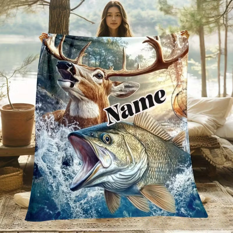 Personalized Fishing and Hunting Blanket Deer and Fish Design Custom Name Soft Gift for Outdoor and Fishing Enthusiasts