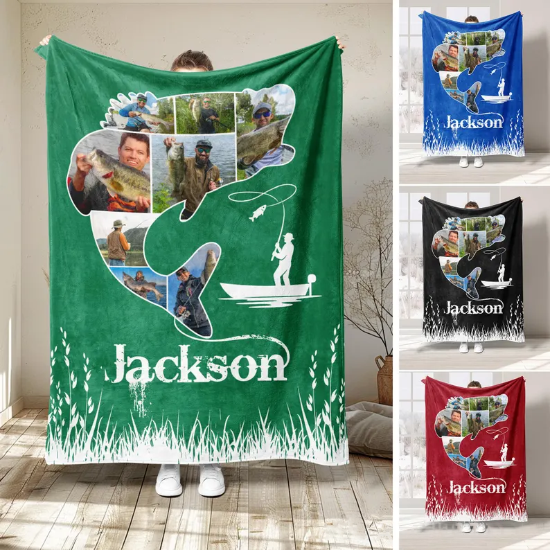 Personalized Fishing Photo Blanket Custom Name Soft Throw with Fish Shape Collage Perfect Gift for Fishing Lovers and Outdoor Enthusiasts