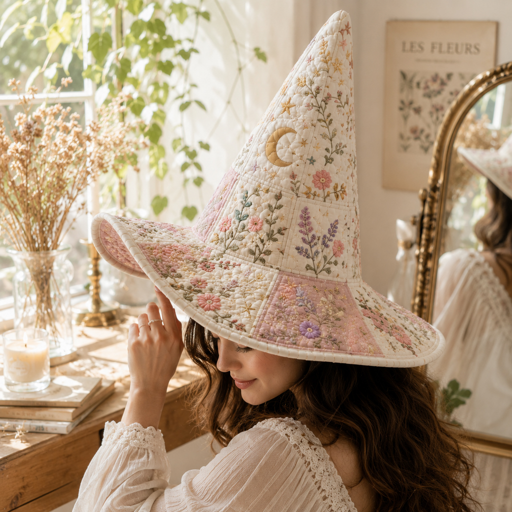 Floral Quilted Witch Hat for Women Soft Padded Cottagecore Halloween Costume Hat with Moon & Botanical Design