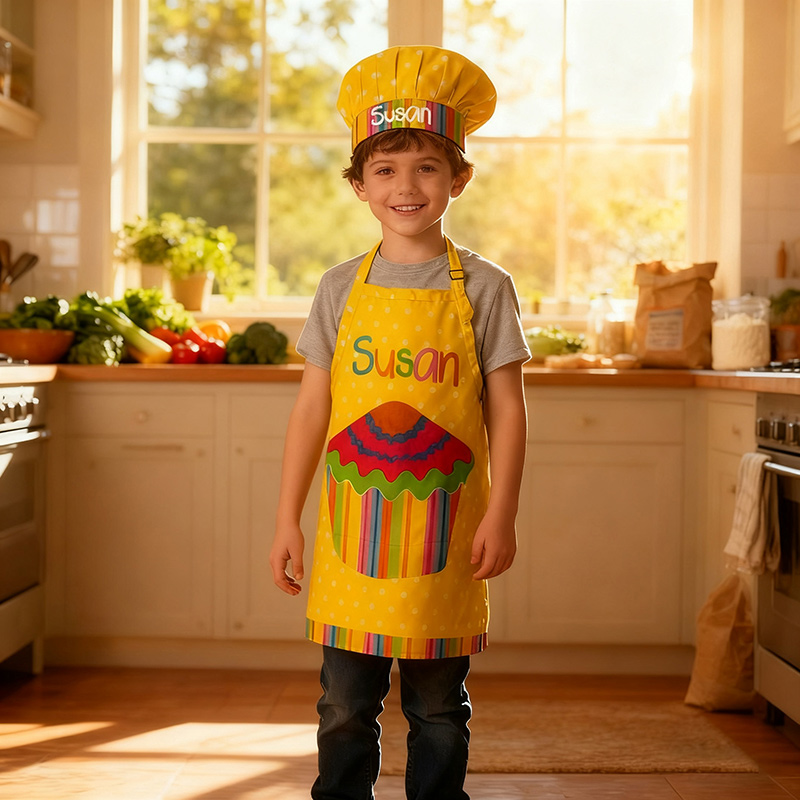 Personalized Colorful Polka Dot Cake Adjustable Kid Apron Chef Hat Set with Pocket and Name for Cooking Baking Birthday Holiday Gift for Kids