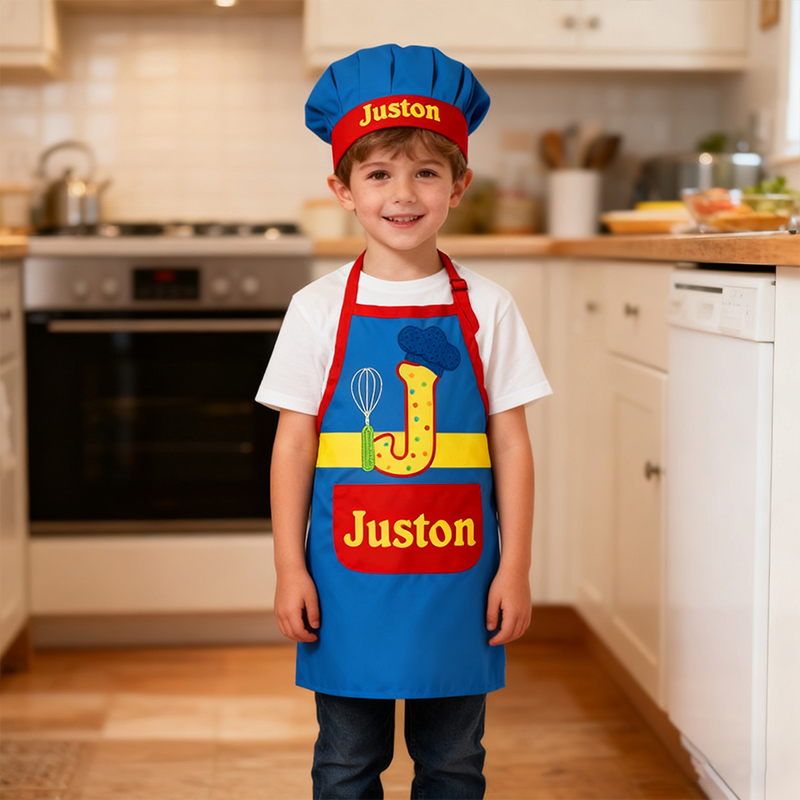 Personalized Letter Remix Color Block Adjustable Kid Apron Chef Hat Set with Pocket and Name for Cooking Baking Birthday Holiday Gift for Kids