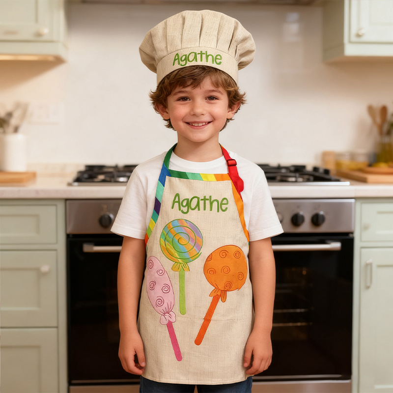 Personalized Colorful Lollipop Adjustable Kid Apron Chef Hat Set with Pocket and Name for Cooking Baking Birthday Holiday Gift for Kids