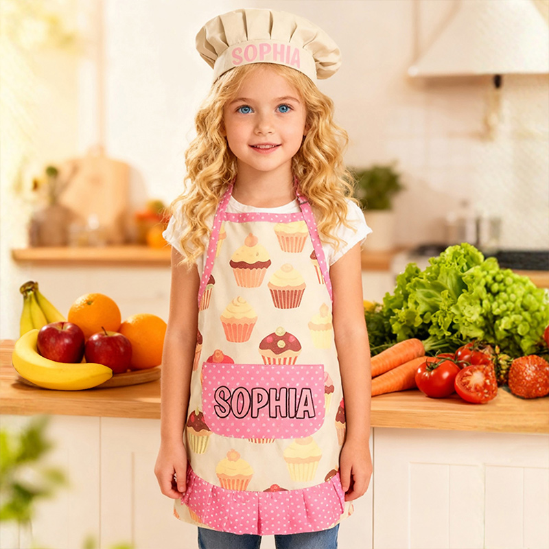 Personalized Cupcake Polka Dot Patchwork Adjustable Kid Apron Chef Hat Set with Pocket and Name for Cooking Baking Birthday Holiday Gift for Kids