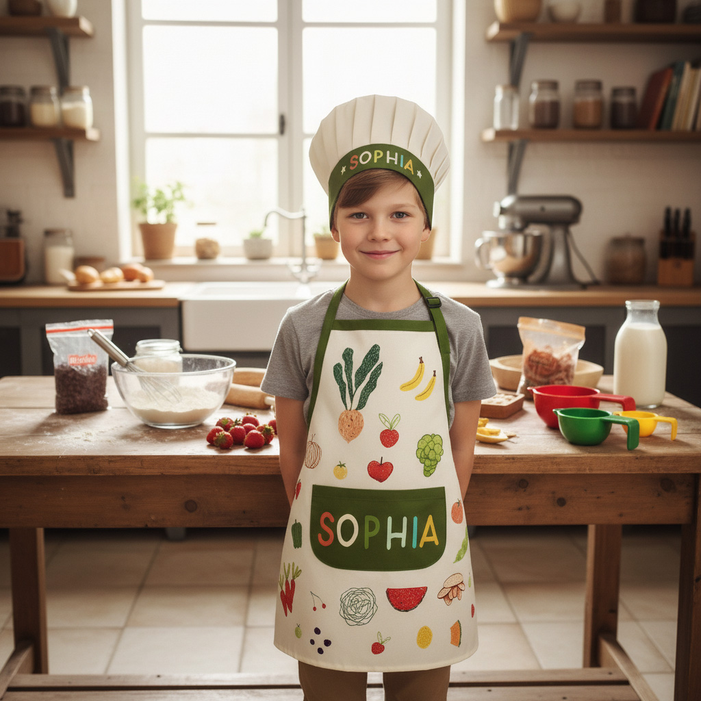 Personalized Hand Drawn Fruits Vegetables Adjustable Kid Apron Chef Hat Set with Pocket and Name for Cooking Baking Birthday Holiday Gift for Kids