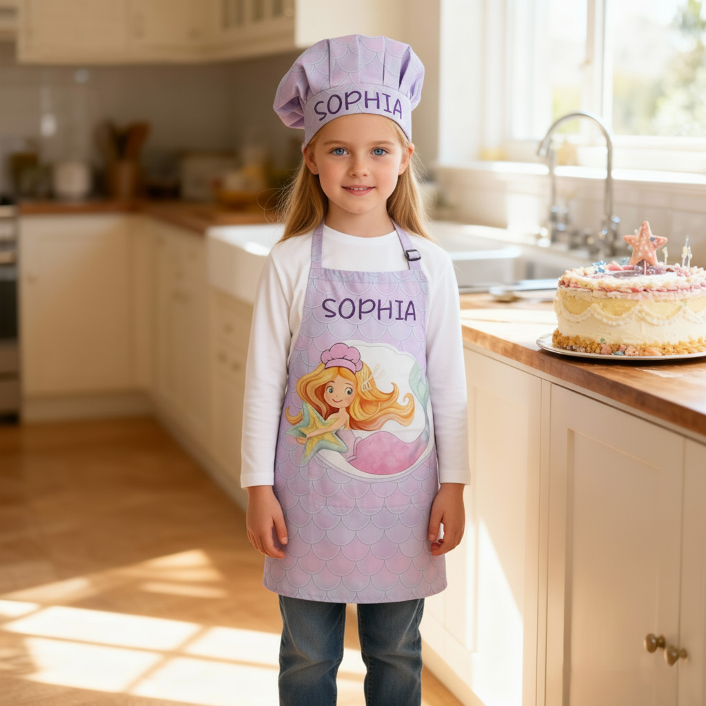 Personalized Ombre Mermaid Full Print Adjustable Kid Apron Chef Hat Set with Pocket and Name for Cooking Baking Birthday Holiday Gift for Kids