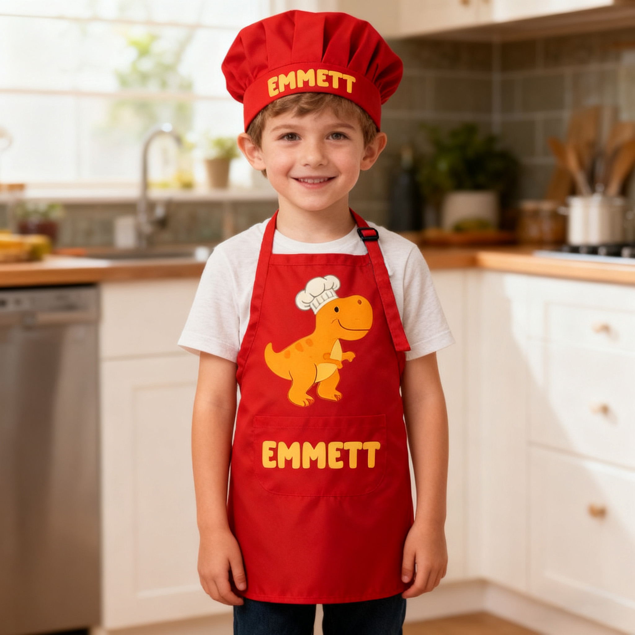Personalized Cartoon Dinosaur Adjustable Kid Apron Chef Hat Set with Pocket and Name for Cooking Baking Birthday Holiday Gift for Kids