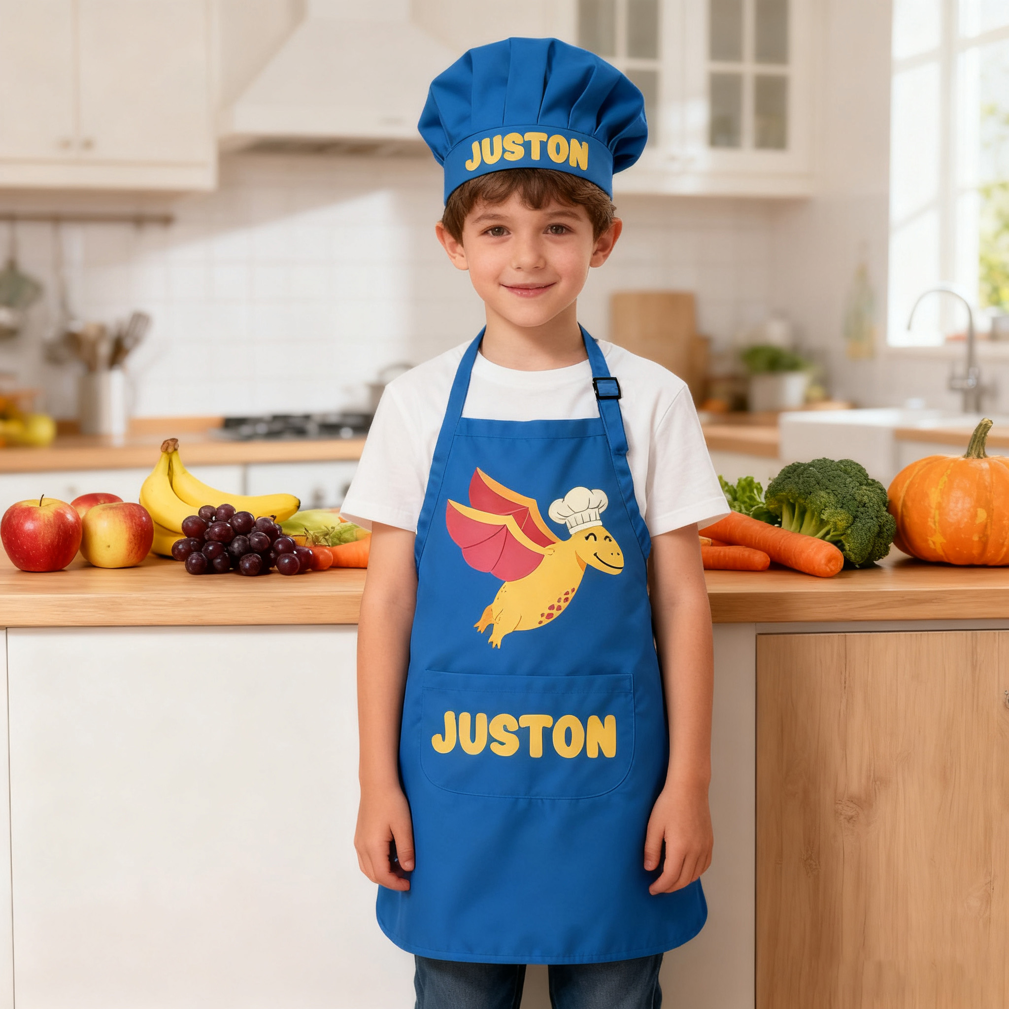 Personalized Cartoon Dinosaur Adjustable Kid Apron Chef Hat Set with Pocket and Name for Cooking Baking Birthday Holiday Gift for Kids