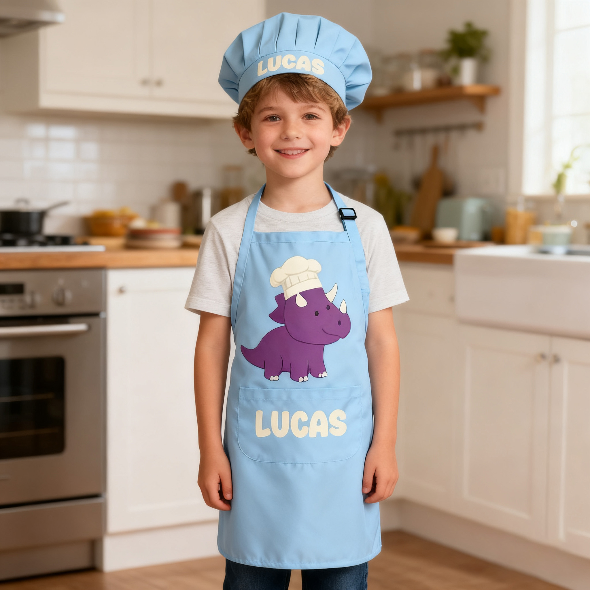 Personalized Cartoon Dinosaur Adjustable Kid Apron Chef Hat Set with Pocket and Name for Cooking Baking Birthday Holiday Gift for Kids