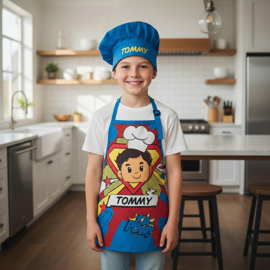 Personalized Comic Style Adjustable Apron Chef Hat Set with Pocket and Name for Cooking Birthday Holiday Gift for Kids