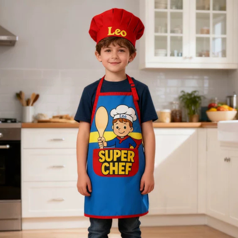 Personalized Cartoon Style Adjustable Apron Chef Hat Set with Pocket and Name for Cooking Birthday Holiday Gift for Kids