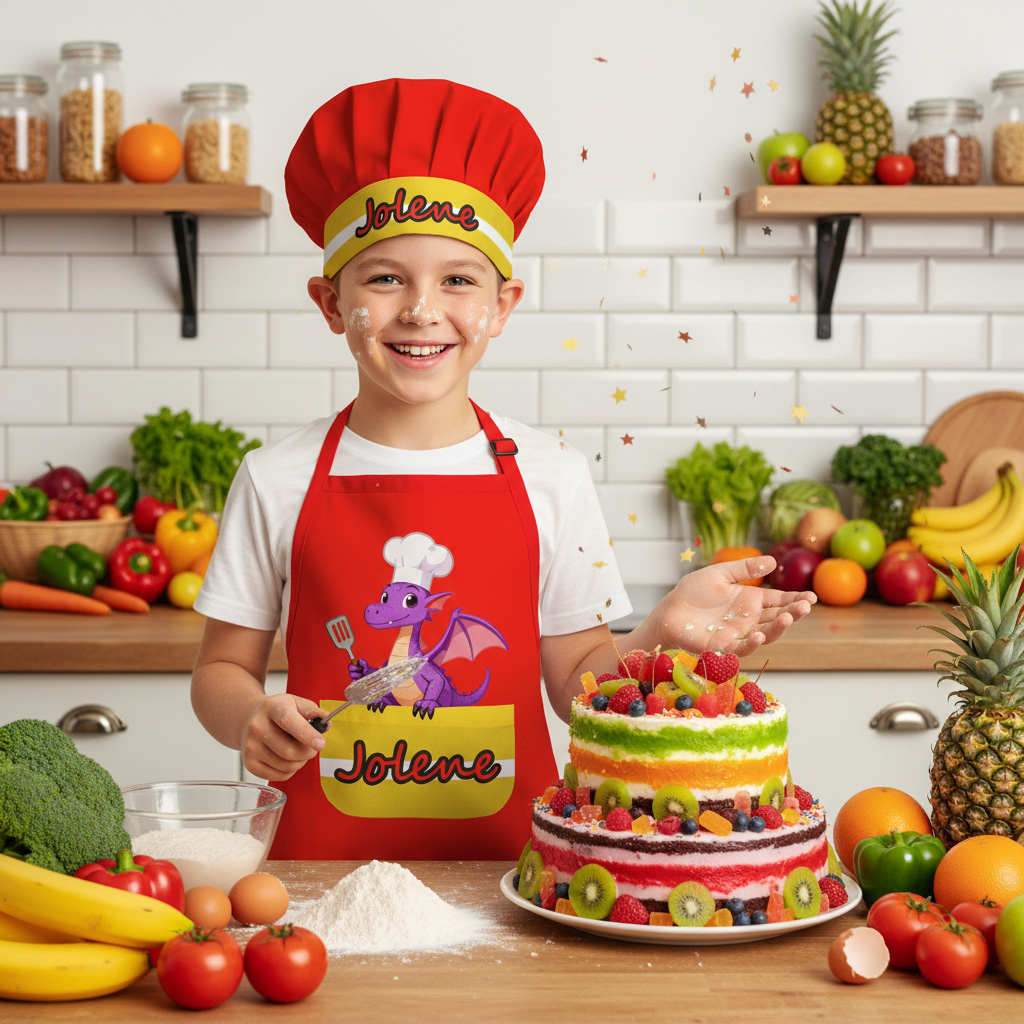 Personalized Little Flying Dragon Adjustable Kid Apron Chef Hat Set with Pocket and Name for Cooking Baking Birthday Holiday Gift for Kids