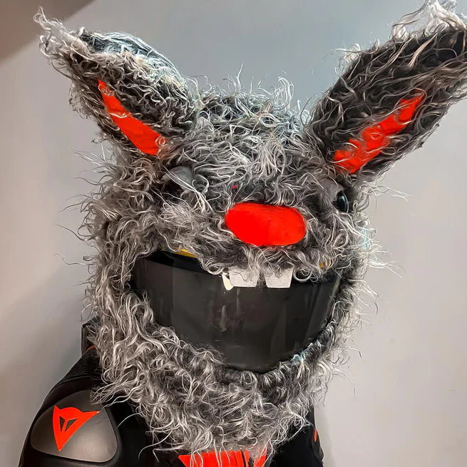 Creepy Evil Grey Bunny Plush Motorcycle Helmet Cover, Cartoon Rabbit Helmet Sleeve for Full Face Helmets