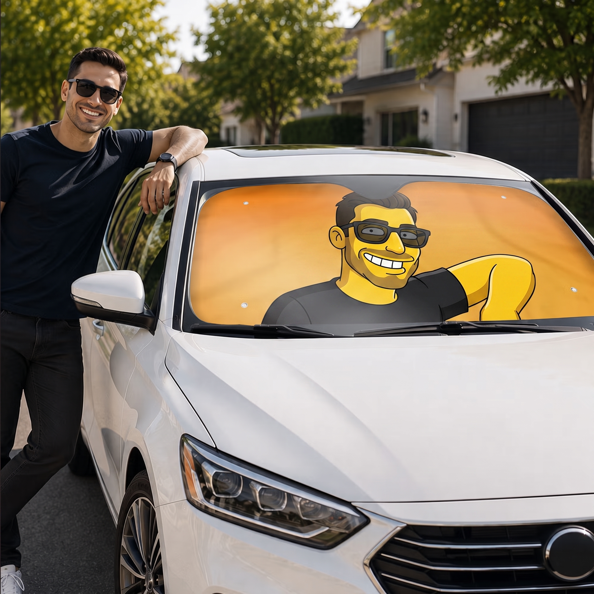 Custom Cartoon Style Car Sun Shade, Personalized Portrait Windshield Sunshade, Yellow Cartoon Character, Custom Car Accessory Gift