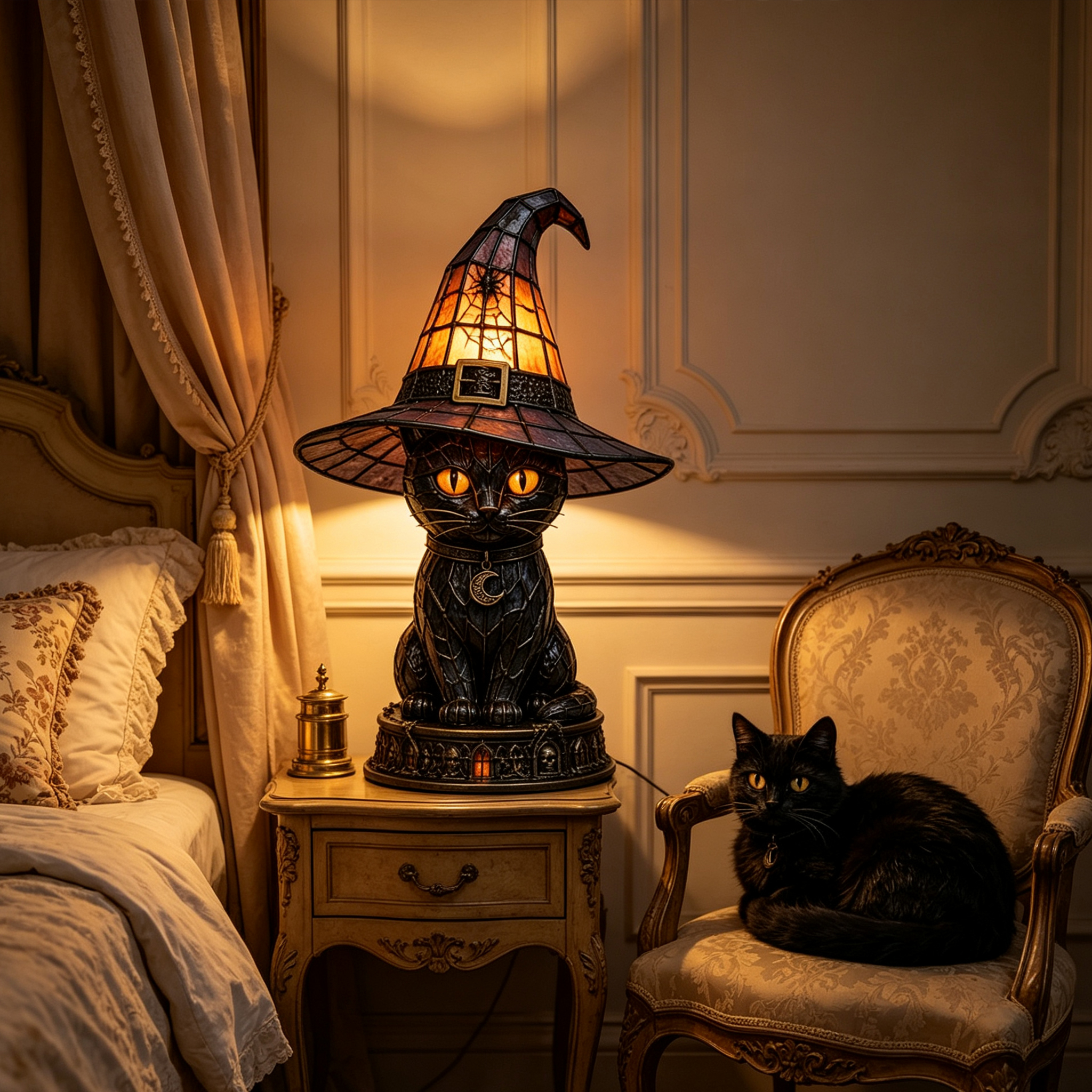 Resin Witch Black Cat Lamp Wizard Cat Figurine Table Night Light Gothic Desktop Ornament Witchy Home Halloween Decor Gift for Cat Lovers