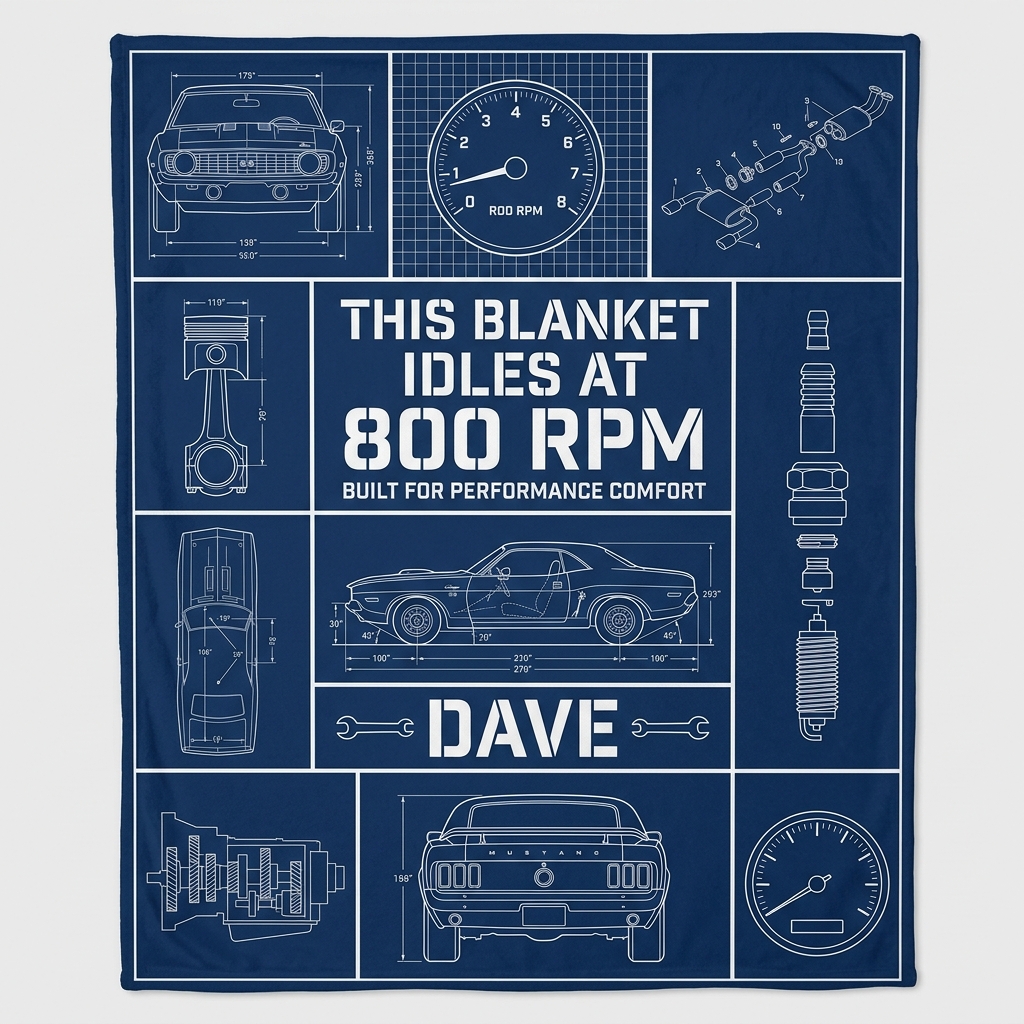 Personalized Muscle Car Blueprint RPM Graphic Personalized Name Fleece Blanket For Auto Mechanic Car Lovers