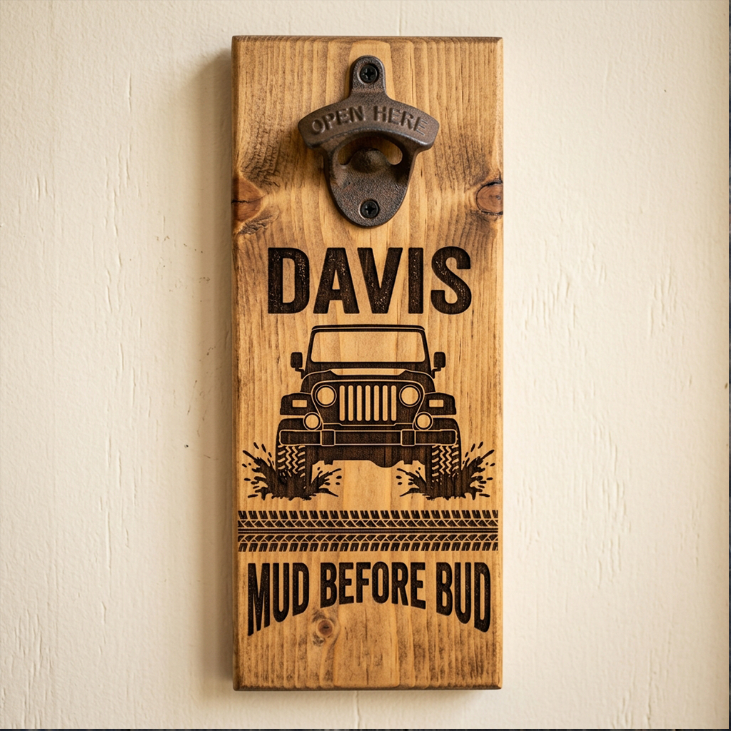 Personalized Off-Road Jeep Mud Before Bud Wooden Wall Mount Bottle Opener Sign
