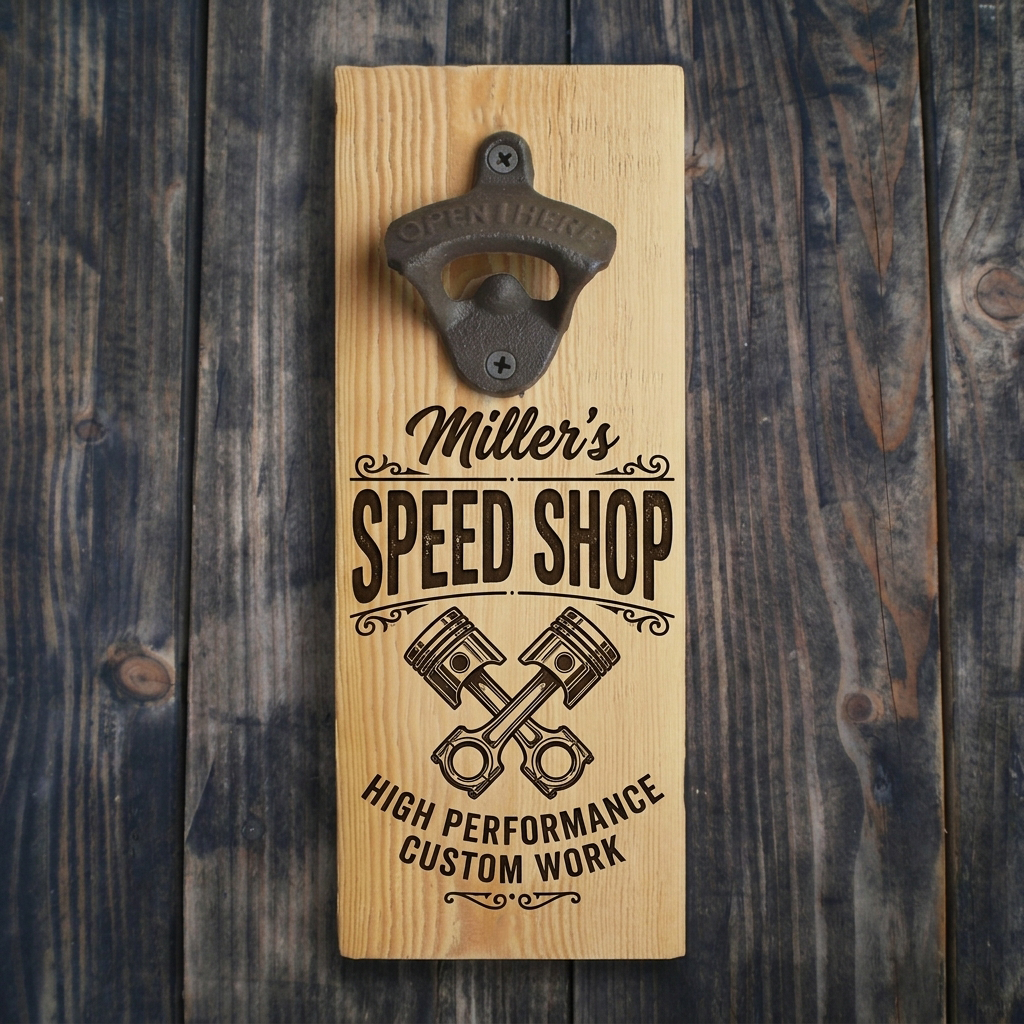 Personalized Speed Shop Piston Design Wooden Wall Mount Bottle Opener Sign