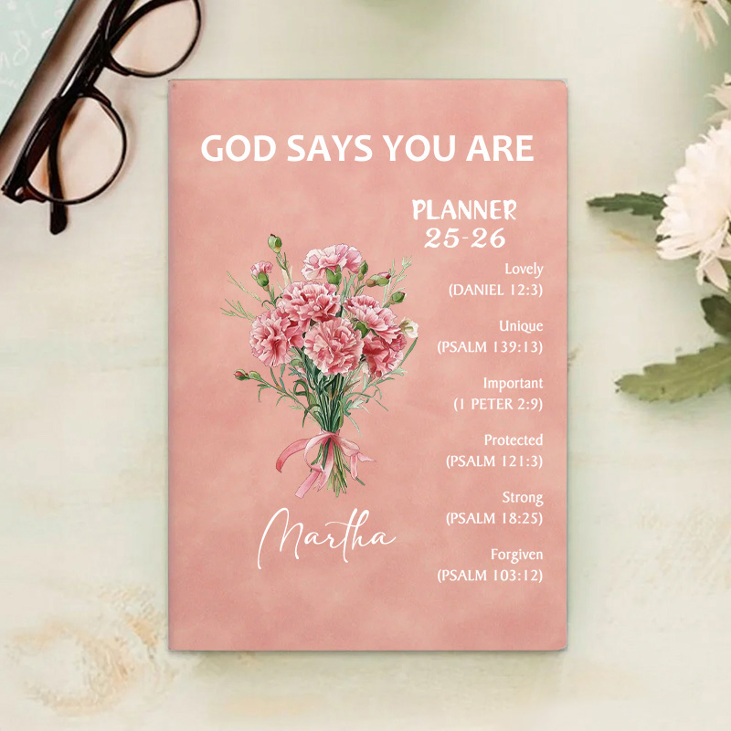 Personalized Flower Bouquet Bible Verse Planner 25-26 Leather A5 Notebook with Name Weekly Monthly Planning Birthday Religious Gift for Family Friends