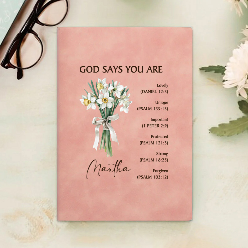 Personalized God Says You are Lovely Prayer Journal Leather A5 Notebook with Birth Flower Bouquet and Name Baptism Birthday Gift for Christians Women