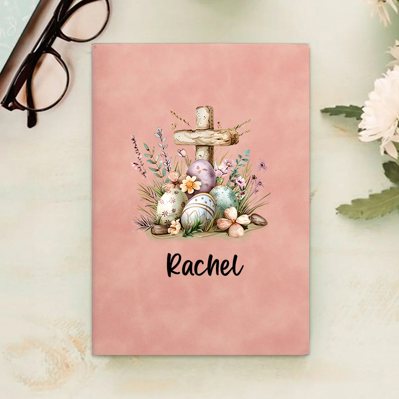 Personalized Floral Cross Easter Eggs Prayer Journal Leather A5 Notebook with Name for Church Bible Study Easter Gift for Family Friends Christian