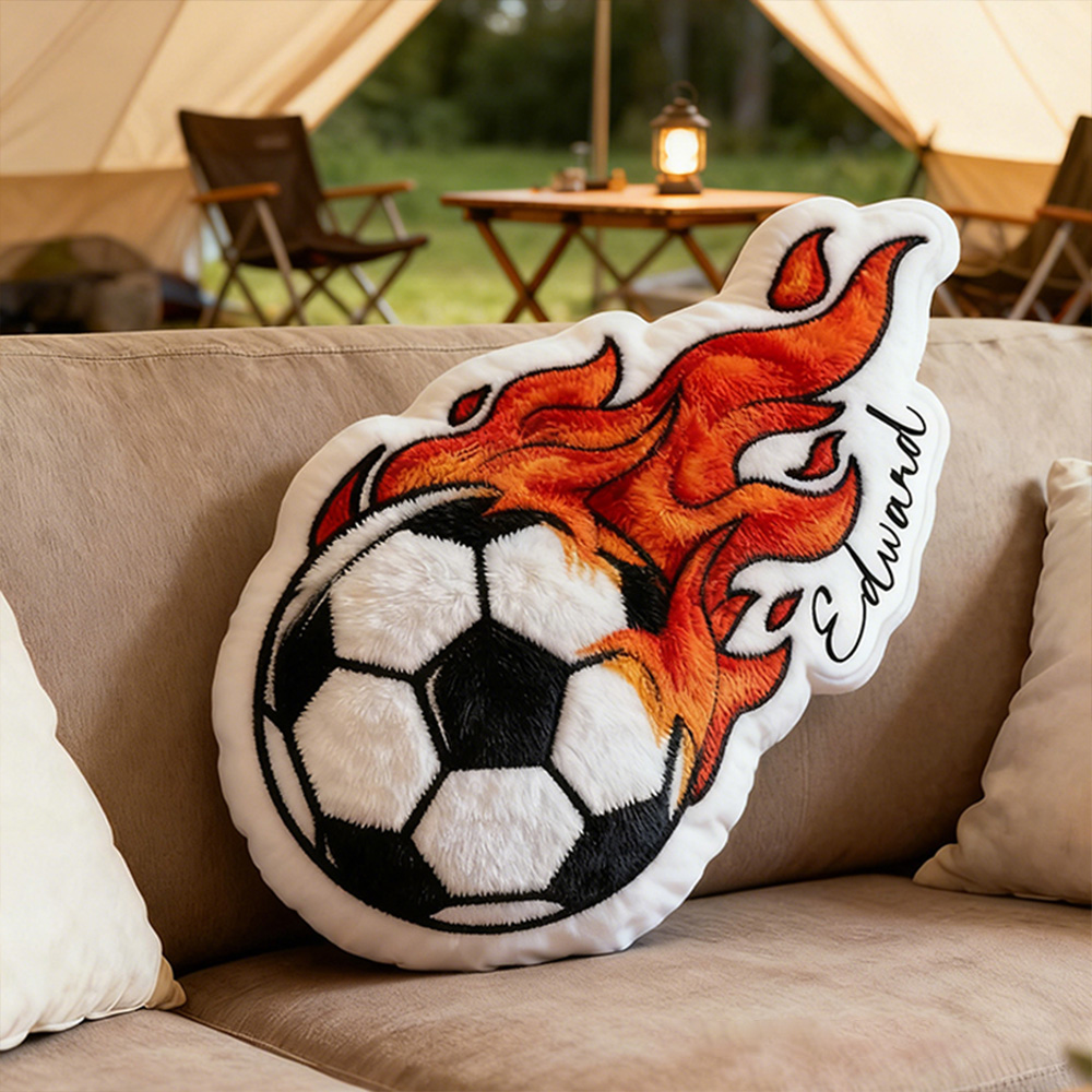 Personalized Soccer Ball Throw Pillow Featuring Fiery Design and Name for Sports Lovers and Kids