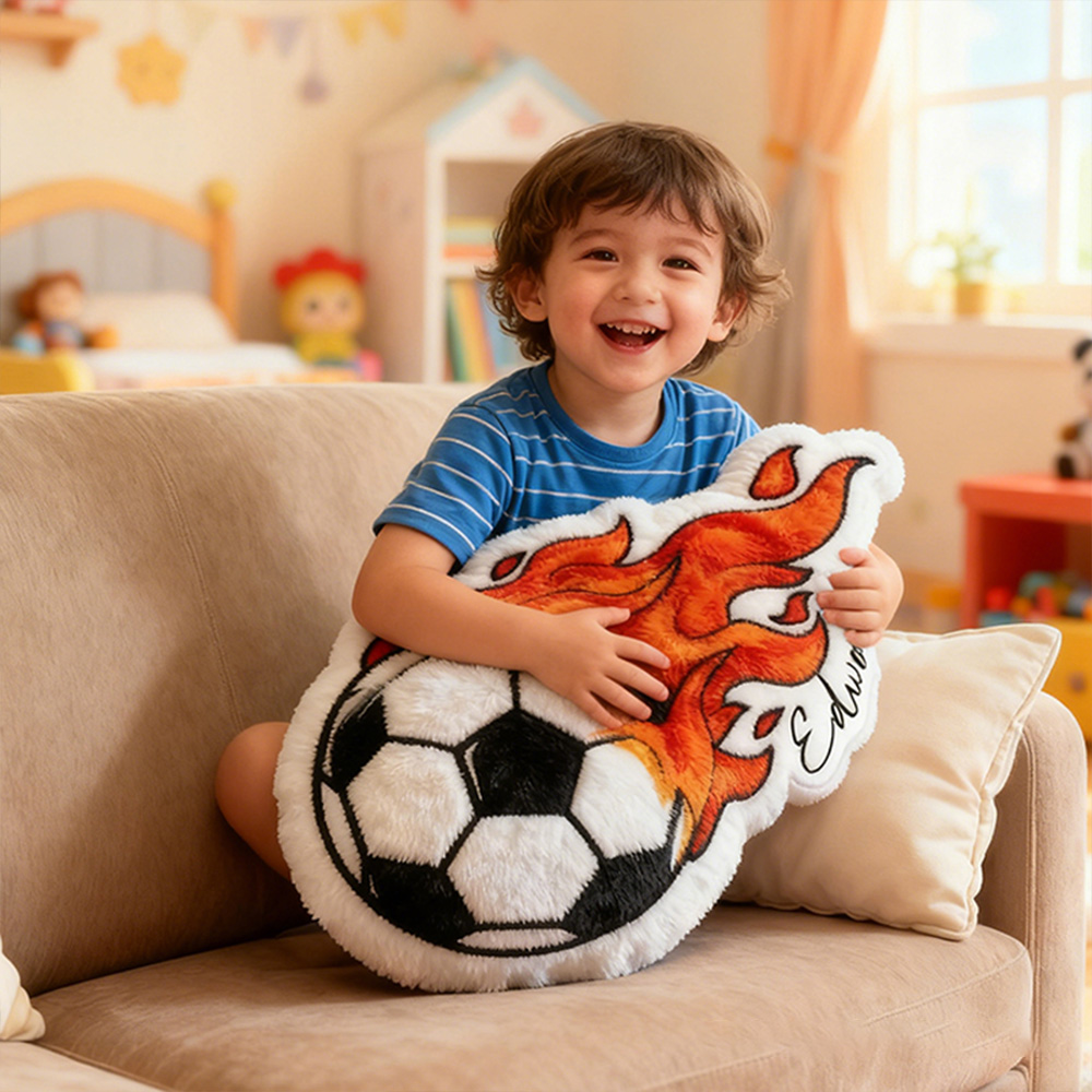 Personalized Soccer Ball Throw Pillow Featuring Fiery Design and Name for Sports Lovers and Kids