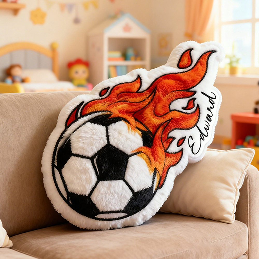 Personalized Soccer Ball Throw Pillow Featuring Fiery Design and Name for Sports Lovers and Kids