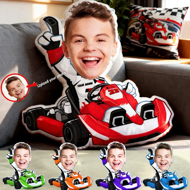 Personalized Kart Racing Custom Face Pillow Custom Name and Color Race Car Driver Shaped Cushion Gift for Racing and Car Lovers